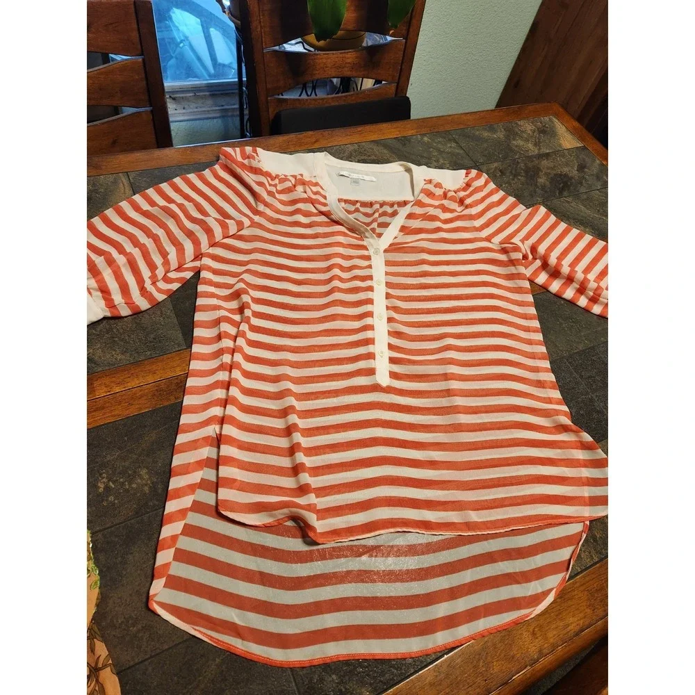LC Lauren Conrad Women's Top Sz L 3/4 Sleeve Cream And‎ Coral Chiffon Striped - Picture 6 of 8